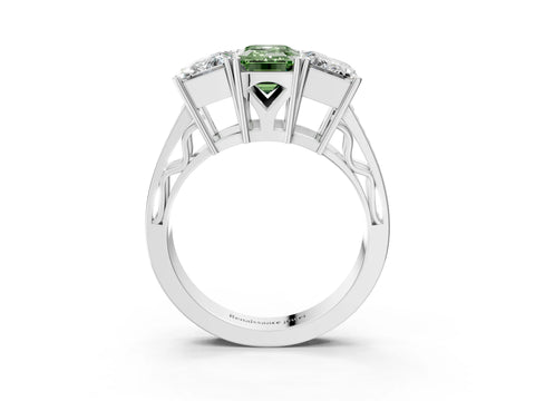 White gold Fancy Green Emerald Cut Diamond Three-Stone Ring with Prong Setting and Textured Band_3
