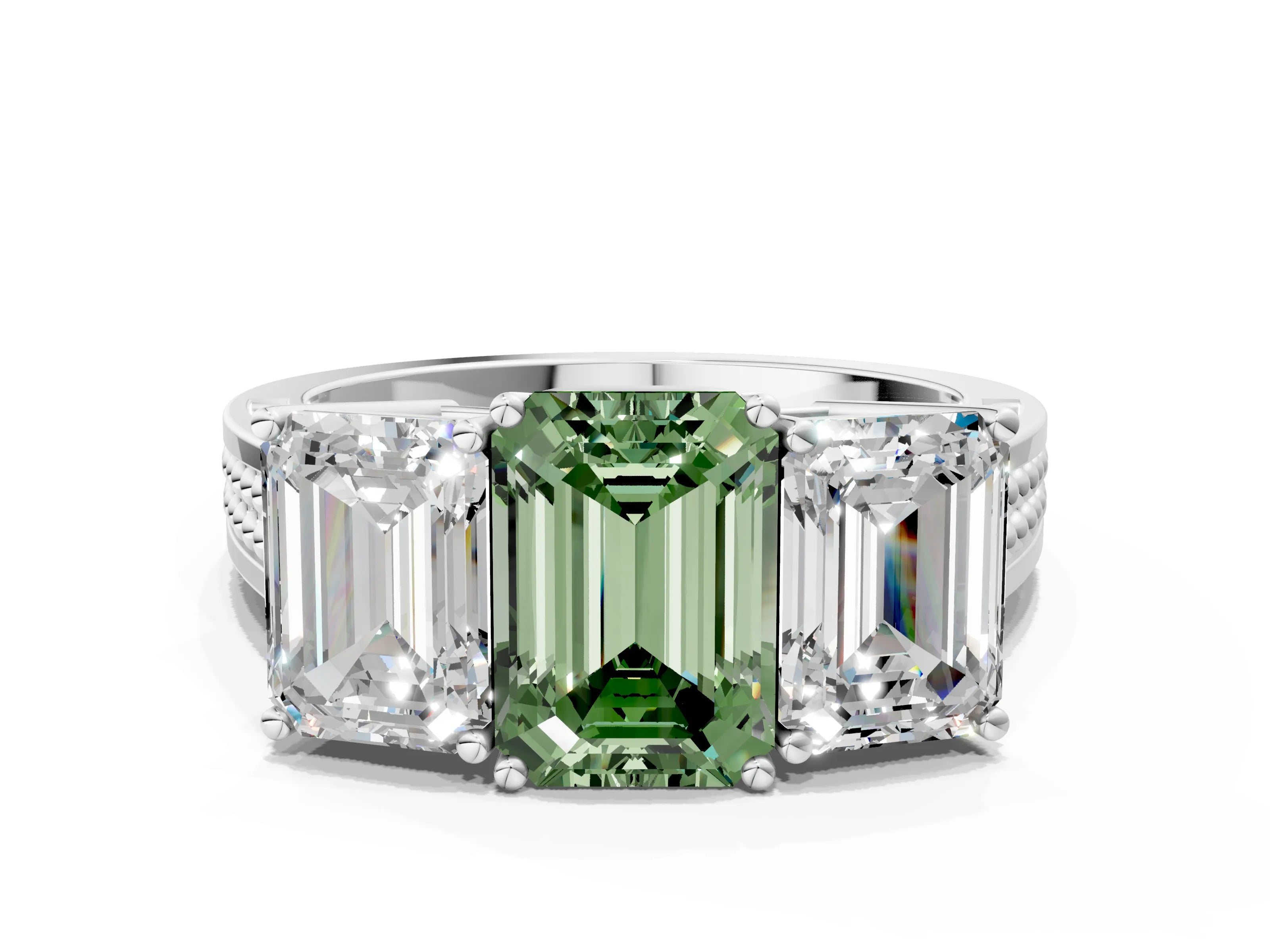 White gold Fancy Green Emerald Cut Diamond Three-Stone Ring with Prong Setting and Textured Band