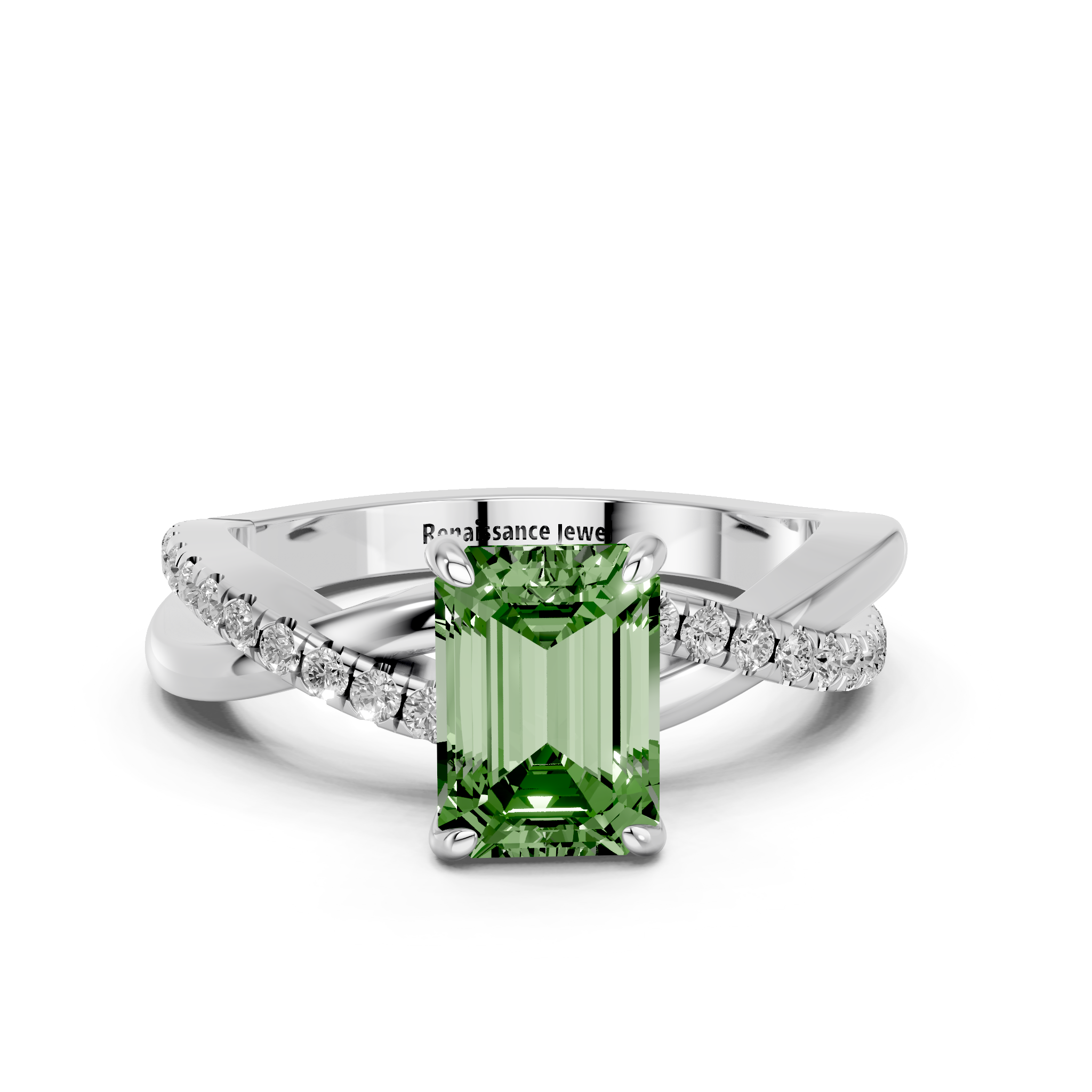 White gold Fancy Green Emerald  Cut Diamond Twist Band Solitaire with Prong Setting_3