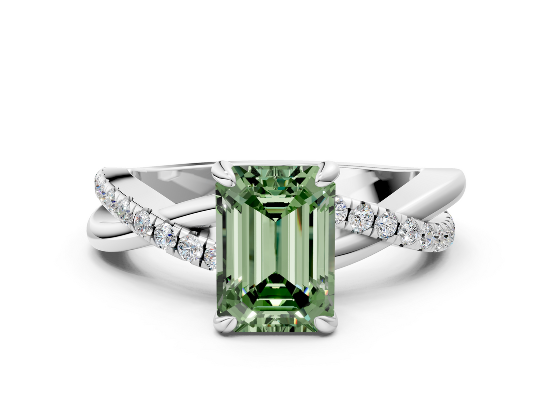 White gold Fancy Green Emerald  Cut Diamond Twist Band Solitaire with Prong Setting_53