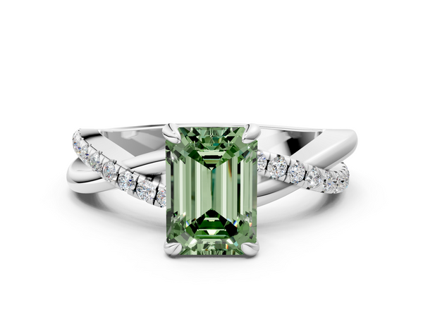 Platinum Fancy Green Emerald  Cut Diamond Twist Band Solitaire with Prong Setting