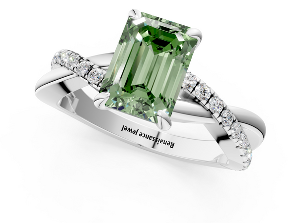 Platinum Fancy Green Emerald  Cut Diamond Twist Band Solitaire with Prong Setting