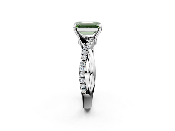 Platinum Fancy Green Emerald  Cut Diamond Twist Band Solitaire with Prong Setting