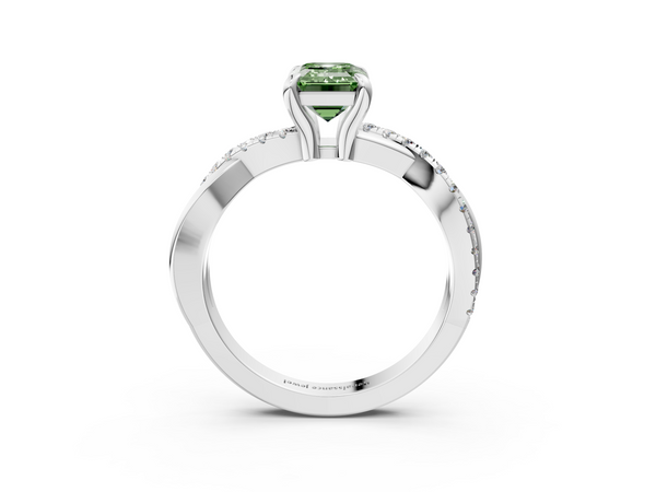 Platinum Fancy Green Emerald  Cut Diamond Twist Band Solitaire with Prong Setting