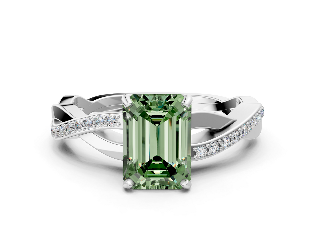 White gold Fancy Green Emerald  Cut Diamond Twisted Band Engagement Ring with Prong Setting_3
