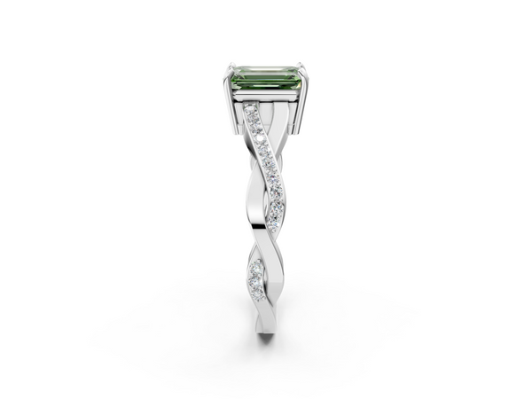 White gold Fancy Green Emerald  Cut Diamond Twisted Band Engagement Ring with Prong Setting