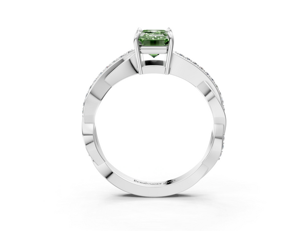 White gold Fancy Green Emerald  Cut Diamond Twisted Band Engagement Ring with Prong Setting
