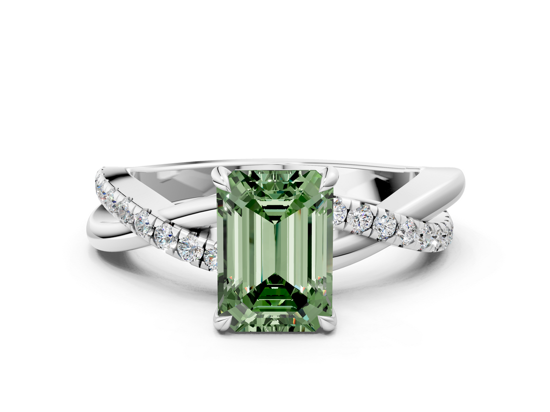 White gold Fancy Green Emerald  Cut Diamond Twisted Band with Pavé Setting and Four-Prong Setting_20