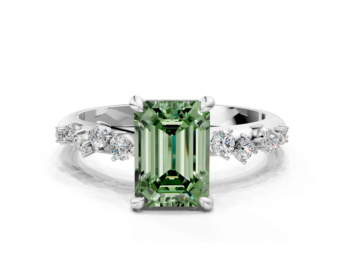 White gold Fancy Green Emerald  Cut Diamond Vine Band with Four-Prong Setting_88