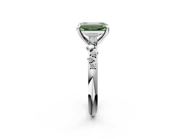 White gold Fancy Green Emerald  Cut Diamond Vine Band with Four-Prong Setting