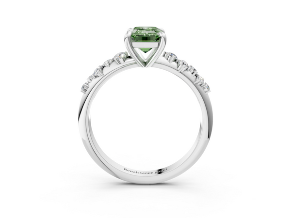 White gold Fancy Green Emerald  Cut Diamond Vine Band with Four-Prong Setting