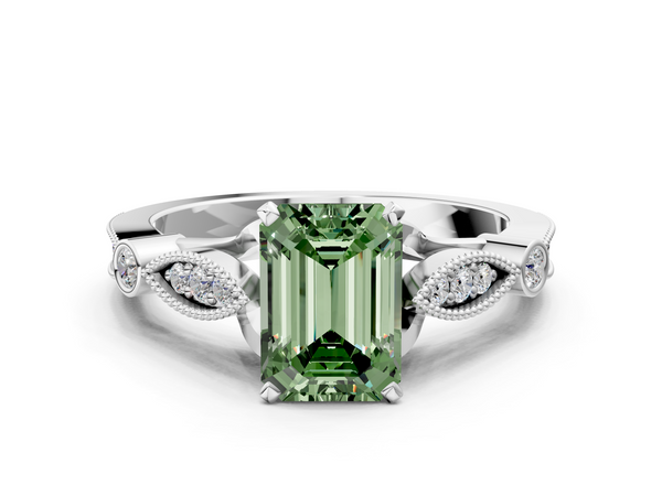 White gold Fancy Green Emerald  Cut Diamond with Milgrain Marquise and Bezel Accents on a Solitaire Band with Prong Setting