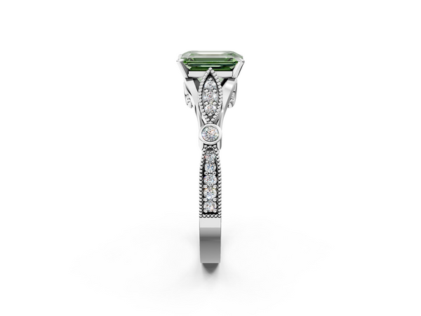 White gold Fancy Green Emerald  Cut Diamond with Milgrain Marquise and Bezel Accents on a Solitaire Band with Prong Setting