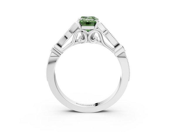 White gold Fancy Green Emerald  Cut Diamond with Milgrain Marquise and Bezel Accents on a Solitaire Band with Prong Setting