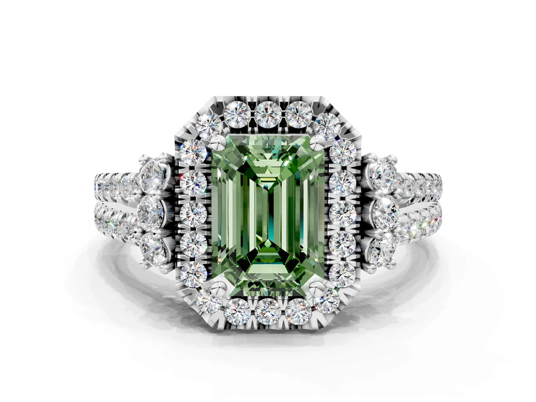 White gold Fancy Green Emerald  Cut Double Halo Diamond Engagement Ring with Pave Band and Four-Prong Setting_55