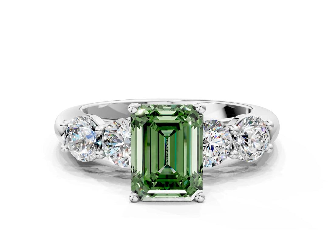 White gold Fancy Green Emerald  Cut Five-Stone Prong Set Diamond Ring with Classic Band_32