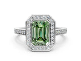 White gold Fancy Green Emerald Cut Halo Bezel Diamond Pave Band Ring