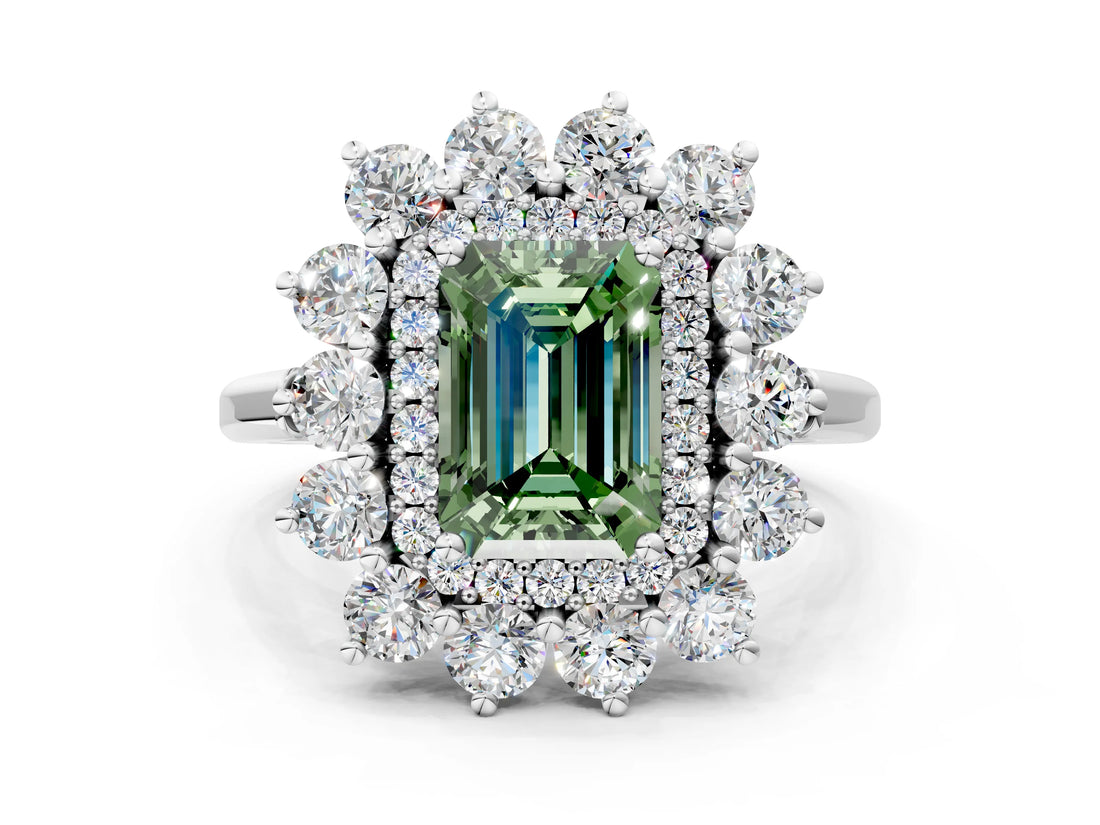 White gold Fancy Green Emerald Cut Halo Cluster Diamond Ring with Pave Band and Four-Prong Setting_12