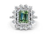 White gold Fancy Green Emerald Cut Halo Cluster Diamond Ring with Pave Band and Four-Prong Setting_12