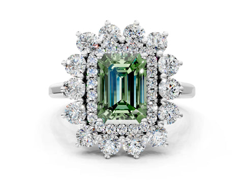 White gold Fancy Green Emerald Cut Halo Cluster Diamond Ring with Pave Band and Four-Prong Setting_12