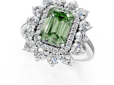 White gold Fancy Green Emerald Cut Halo Cluster Diamond Ring with Pave Band and Four-Prong Setting_13