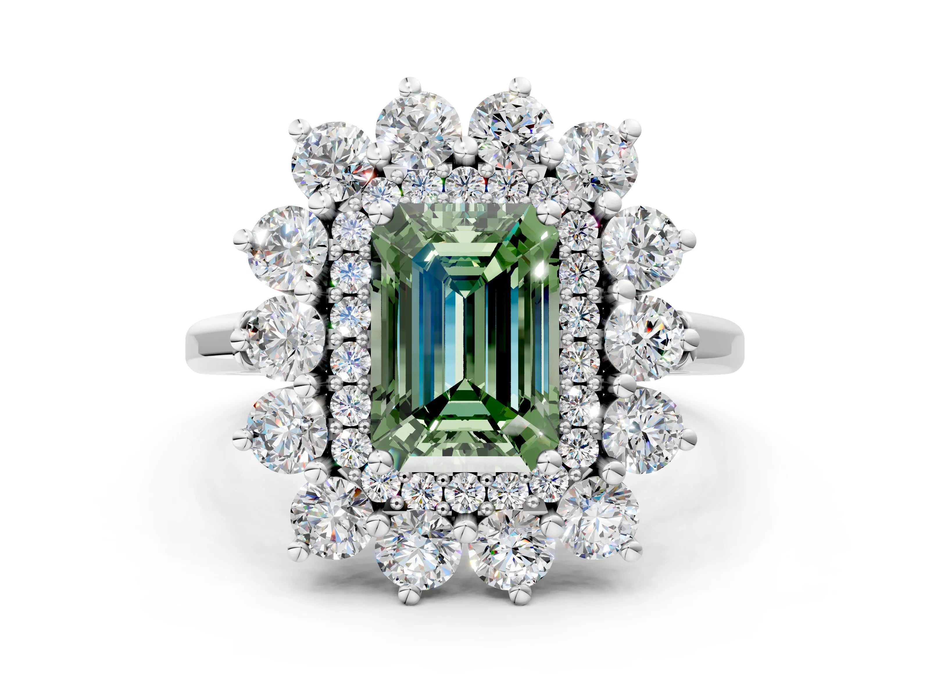 White gold Fancy Green Emerald Cut Halo Cluster Diamond Ring with Pave Band and Four-Prong Setting