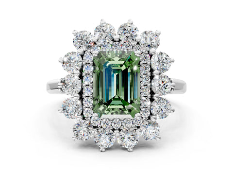 White gold Fancy Green Emerald Cut Halo Cluster Diamond Ring with Pave Band and Four-Prong Setting