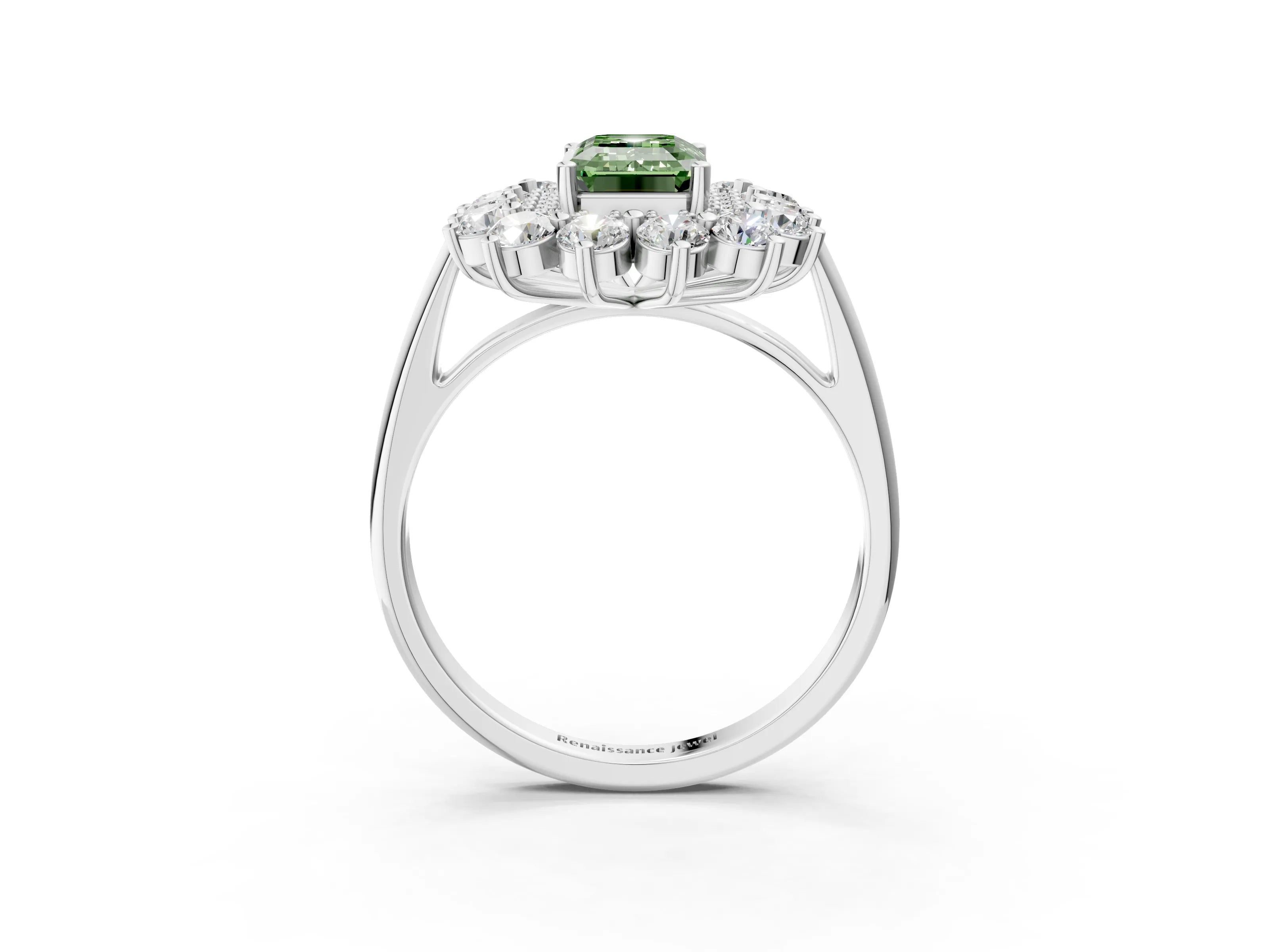 White gold Fancy Green Emerald Cut Halo Cluster Diamond Ring with Pave Band and Four-Prong Setting_15
