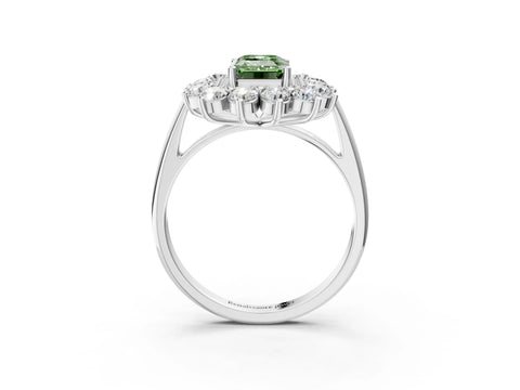 White gold Fancy Green Emerald Cut Halo Cluster Diamond Ring with Pave Band and Four-Prong Setting_15