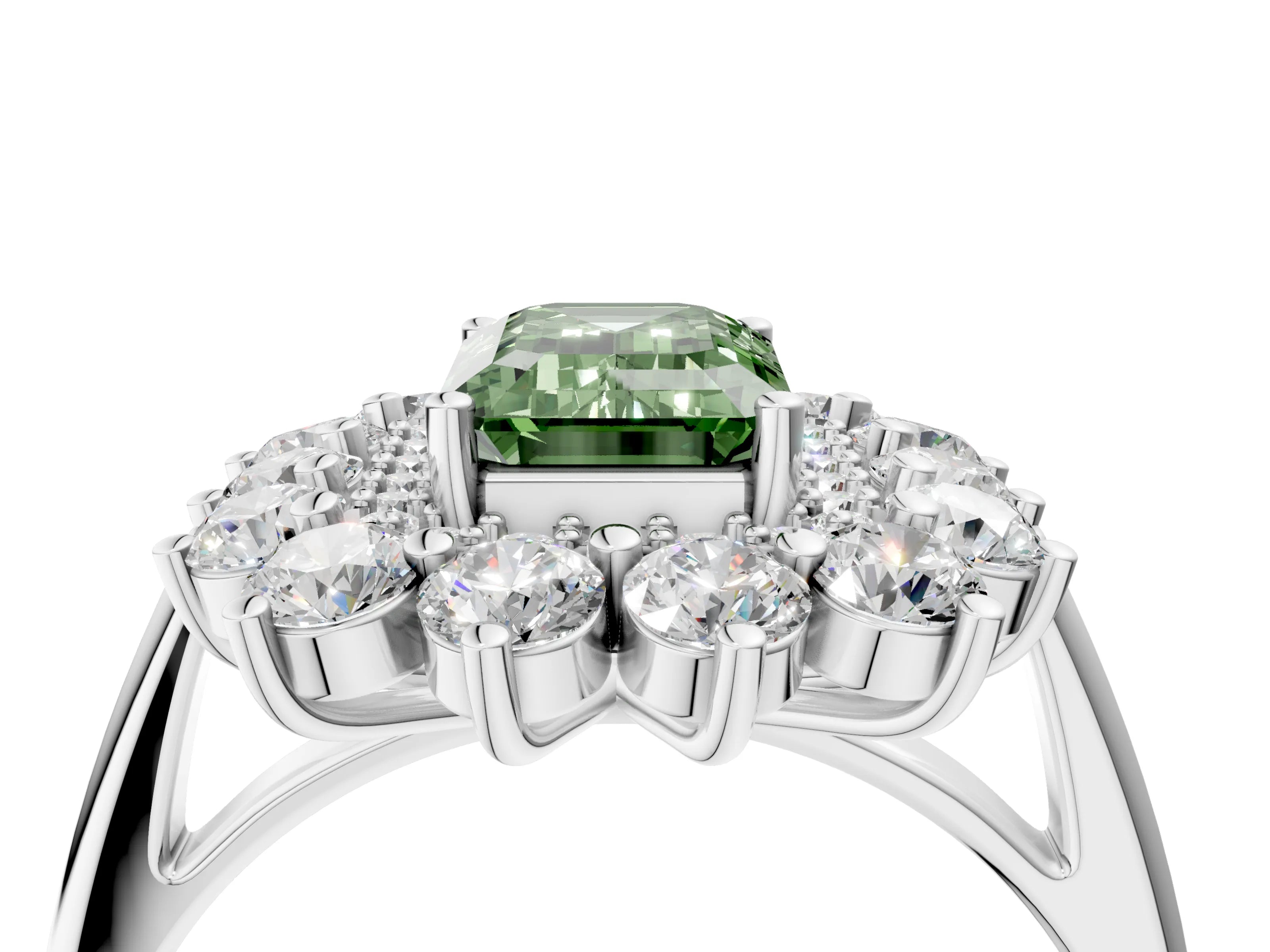 White gold Fancy Green Emerald Cut Halo Cluster Diamond Ring with Pave Band and Four-Prong Setting_16