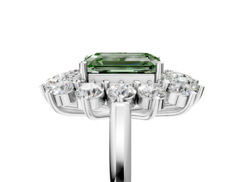 White gold Fancy Green Emerald Cut Halo Cluster Diamond Ring with Pave Band and Four-Prong Setting_17