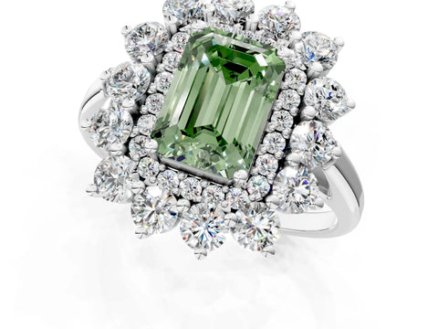 White gold Fancy Green Emerald Cut Halo Cluster Diamond Ring with Pave Band and Four-Prong Setting_1