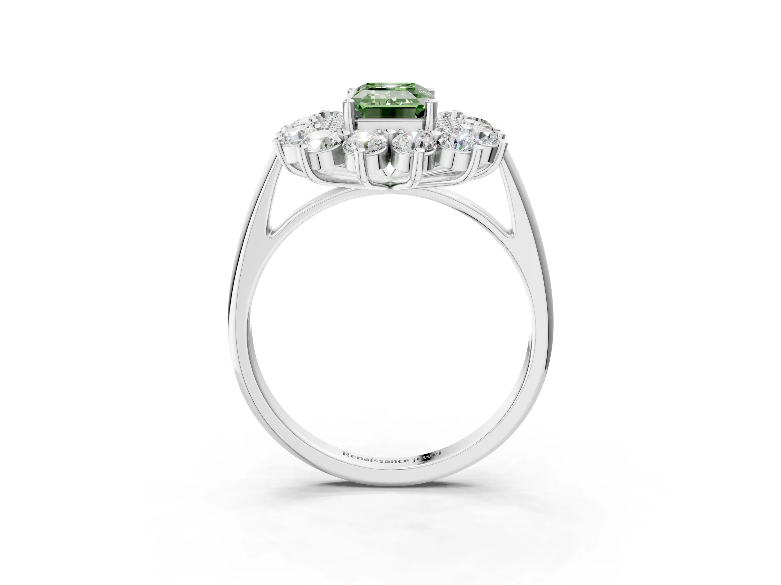 White gold Fancy Green Emerald Cut Halo Cluster Diamond Ring with Pave Band and Four-Prong Setting_3