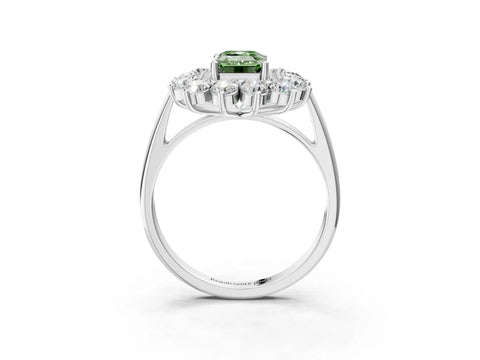 White gold Fancy Green Emerald Cut Halo Cluster Diamond Ring with Pave Band and Four-Prong Setting_3
