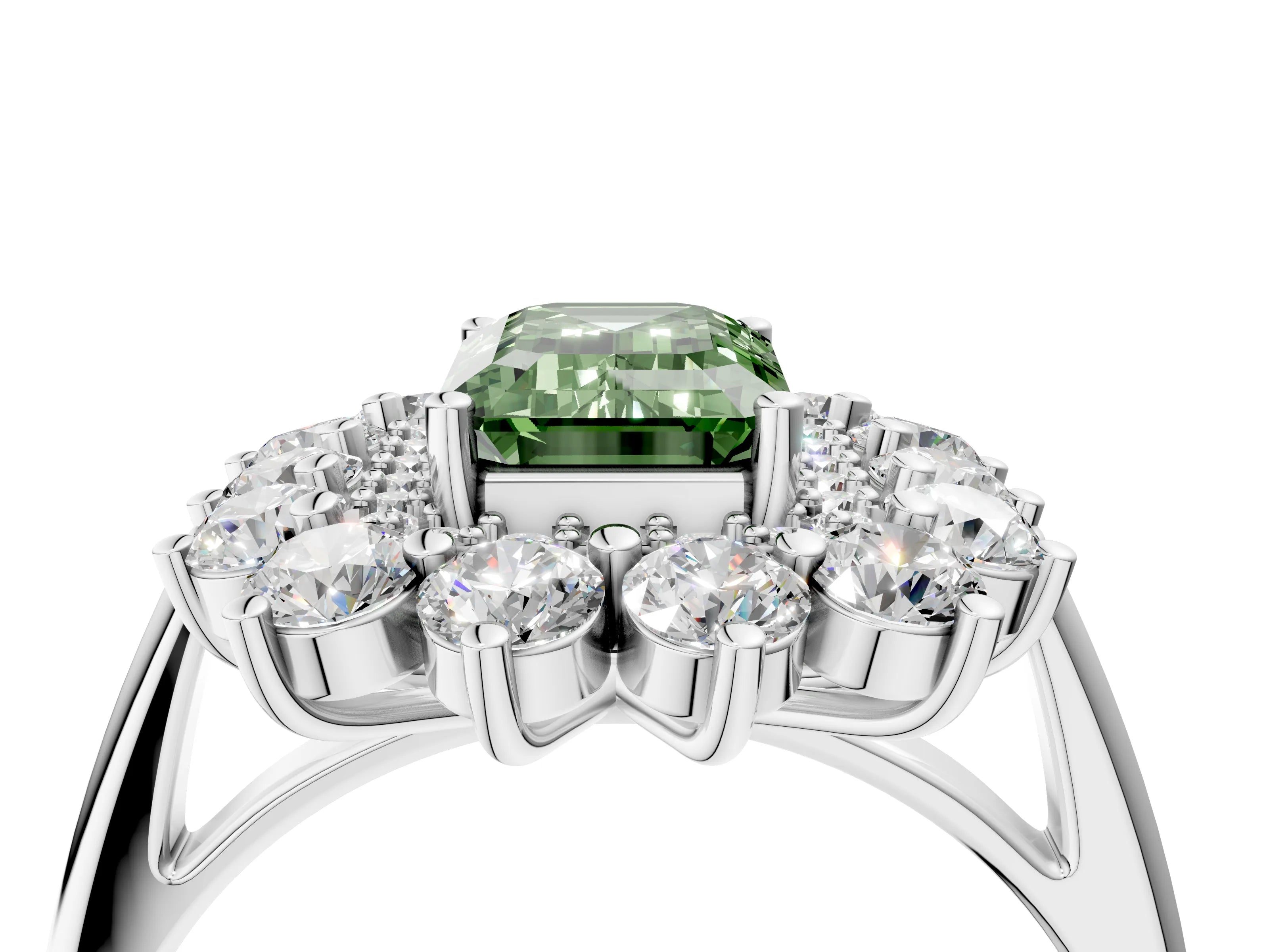 White gold Fancy Green Emerald Cut Halo Cluster Diamond Ring with Pave Band and Four-Prong Setting_4