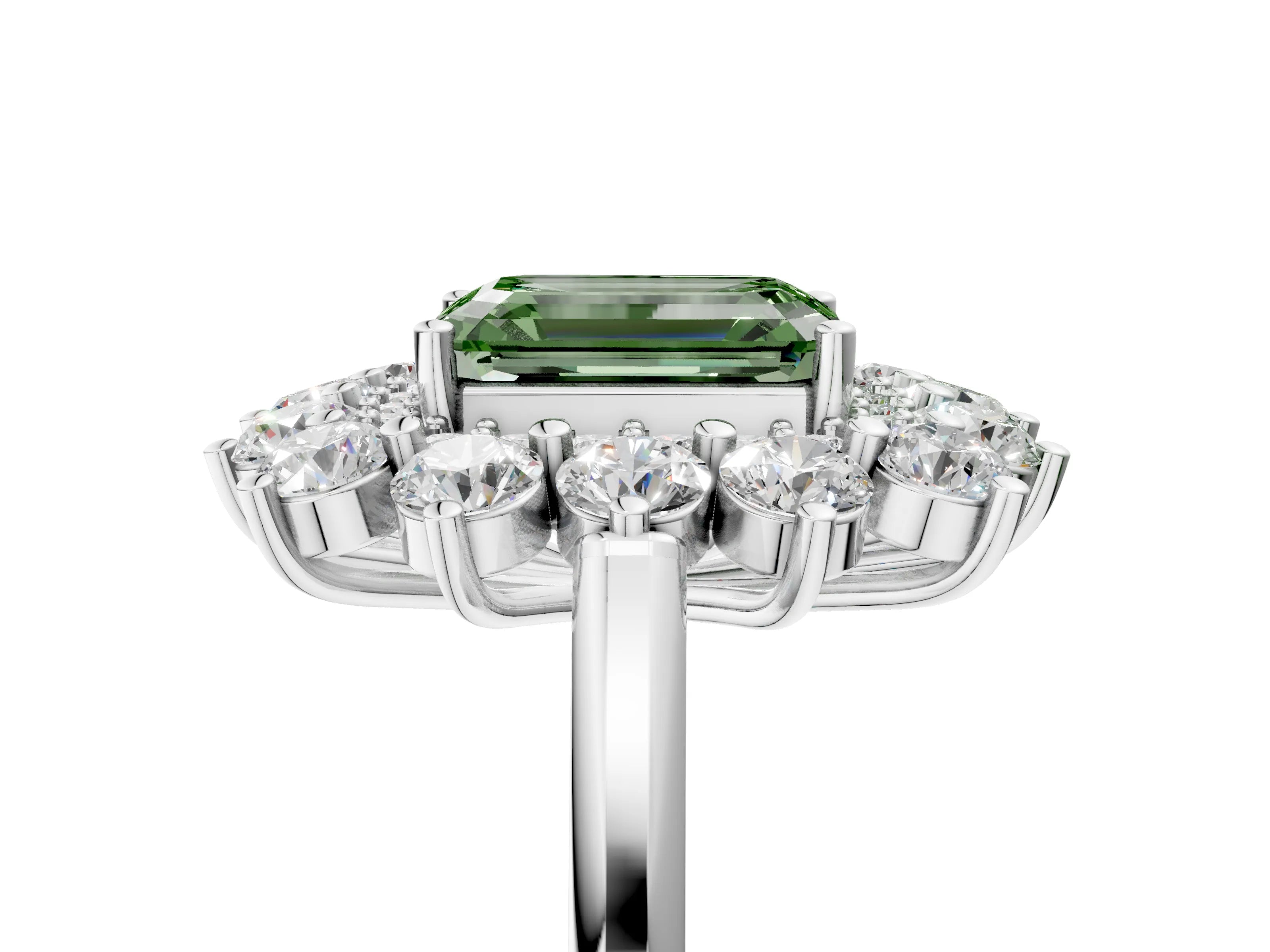 White gold Fancy Green Emerald Cut Halo Cluster Diamond Ring with Pave Band and Four-Prong Setting_5