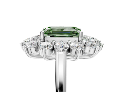 White gold Fancy Green Emerald Cut Halo Cluster Diamond Ring with Pave Band and Four-Prong Setting_5