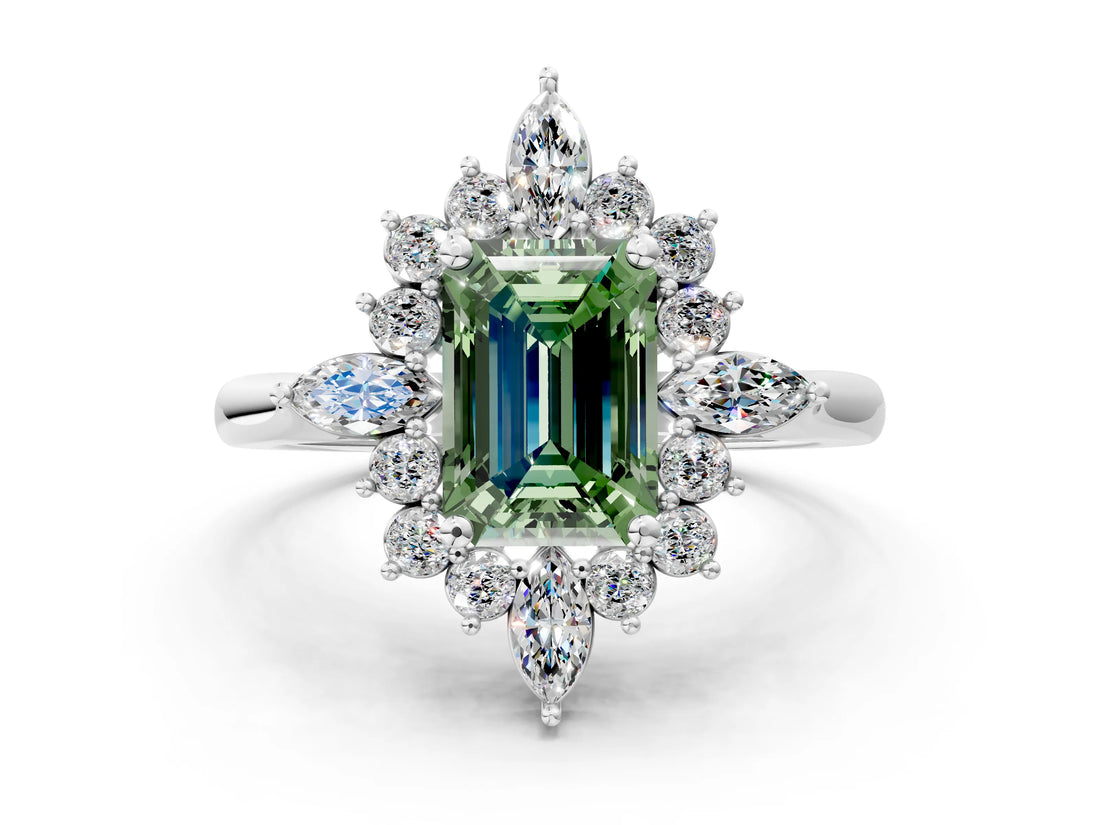 White gold Fancy Green Emerald Cut Halo Diamond Cluster Ring with Marquise and Round Stones on a White Gold Band with Prong Setting