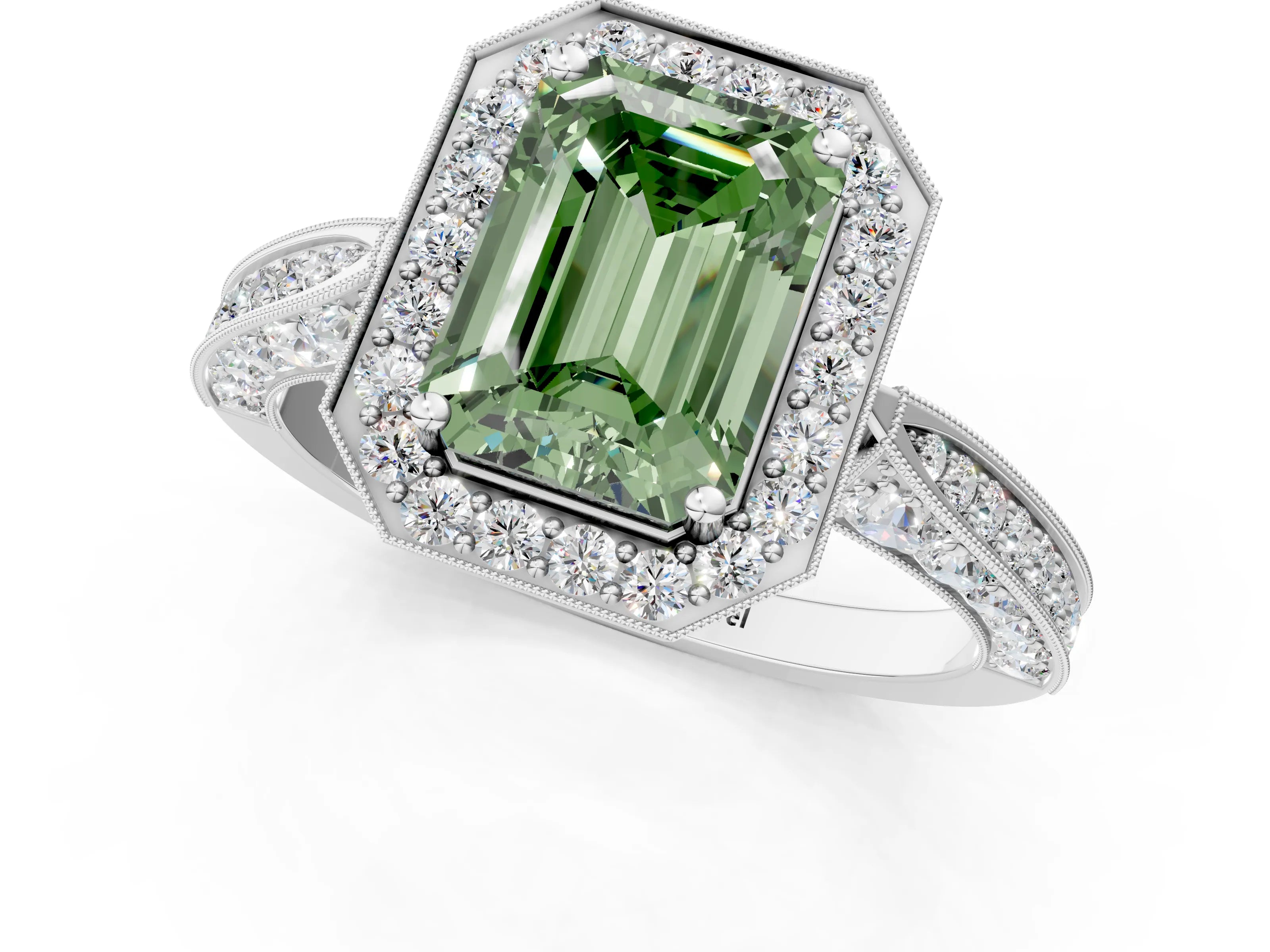 White gold Fancy Green Emerald Cut Halo Diamond Engagement Ring with Split Shank Band and Four-Prong Setting_1