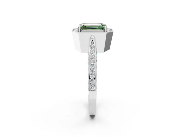 Platinum Fancy Green Emerald Cut Halo Diamond Engagement Ring with Split Shank Band and Four-Prong Setting