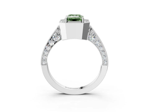 White gold Fancy Green Emerald Cut Halo Diamond Engagement Ring with Split Shank Band and Four-Prong Setting_3