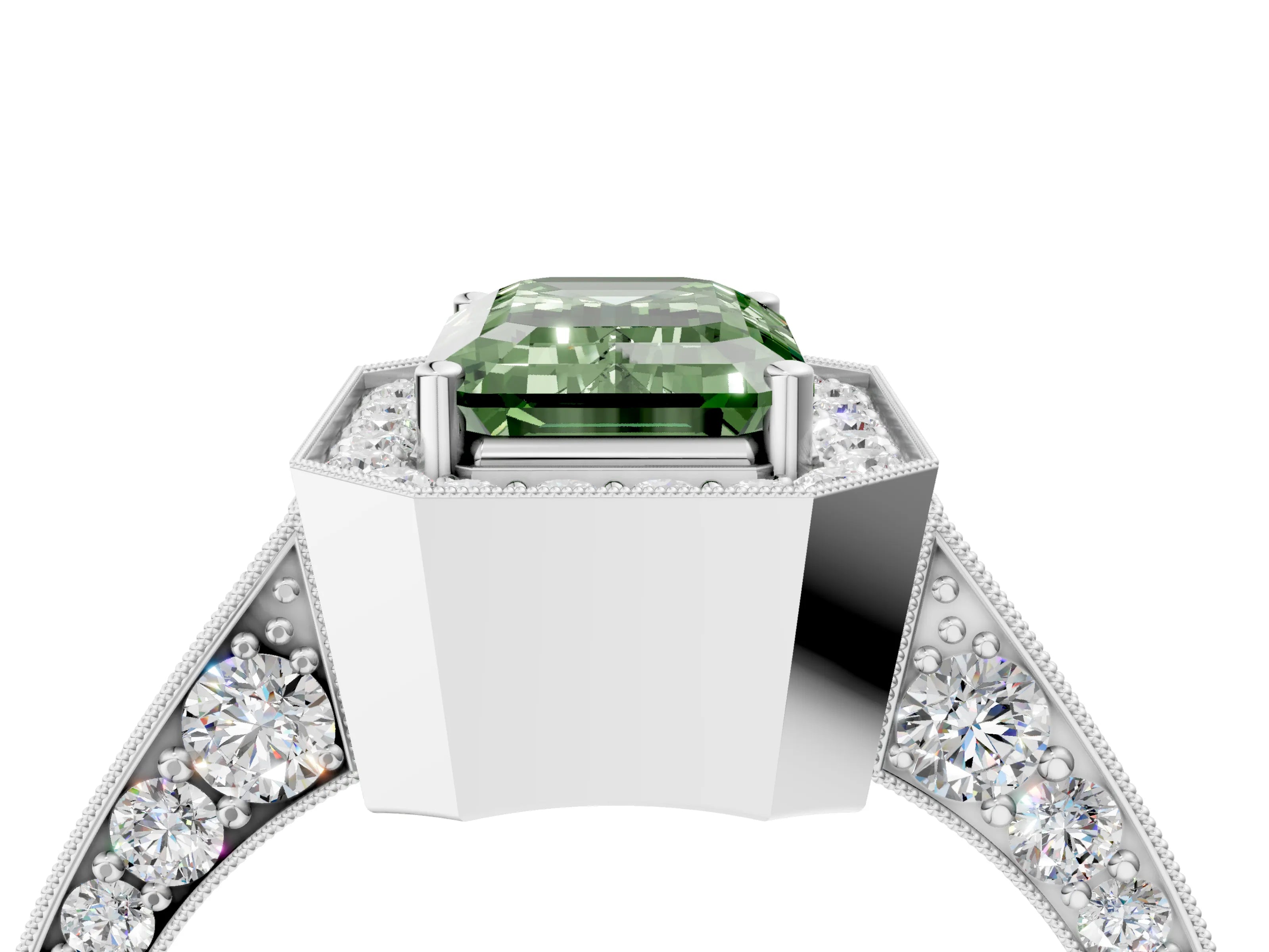 White gold Fancy Green Emerald Cut Halo Diamond Engagement Ring with Split Shank Band and Four-Prong Setting_4