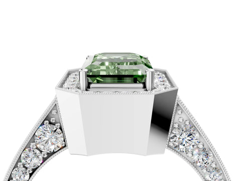 White gold Fancy Green Emerald Cut Halo Diamond Engagement Ring with Split Shank Band and Four-Prong Setting_4
