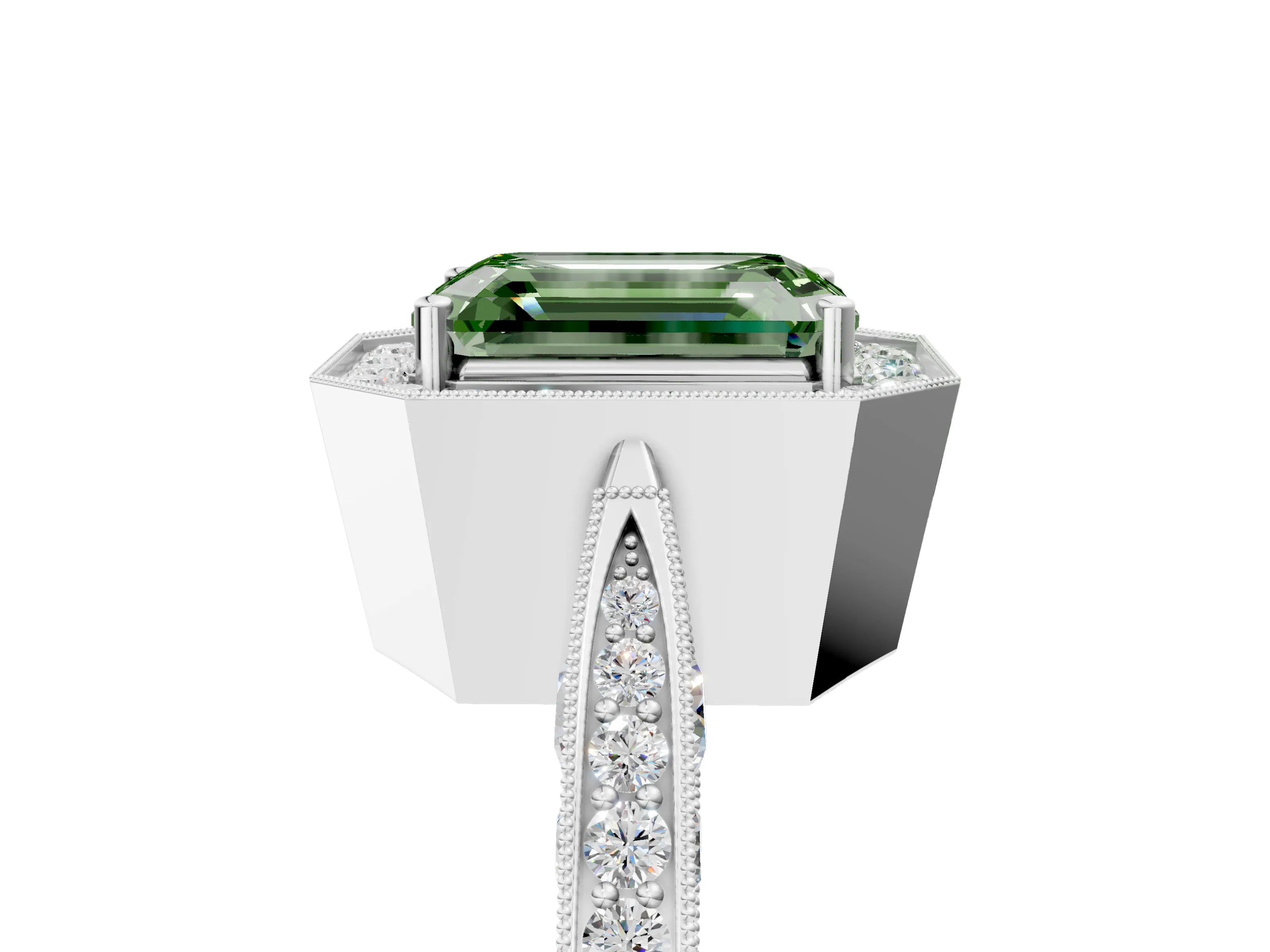 White gold Fancy Green Emerald Cut Halo Diamond Engagement Ring with Split Shank Band and Four-Prong Setting_5