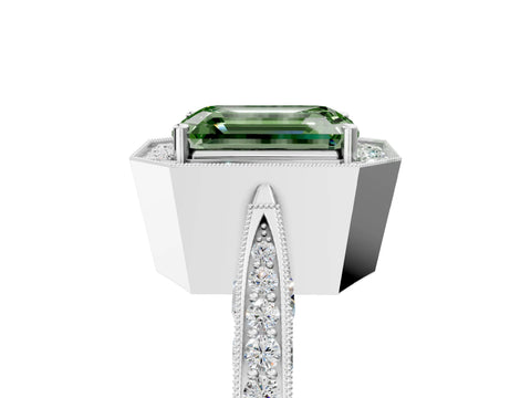 White gold Fancy Green Emerald Cut Halo Diamond Engagement Ring with Split Shank Band and Four-Prong Setting_5