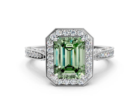 White gold Fancy Green Emerald Cut Halo Diamond Engagement Ring with Split Shank Band and Four-Prong Setting
