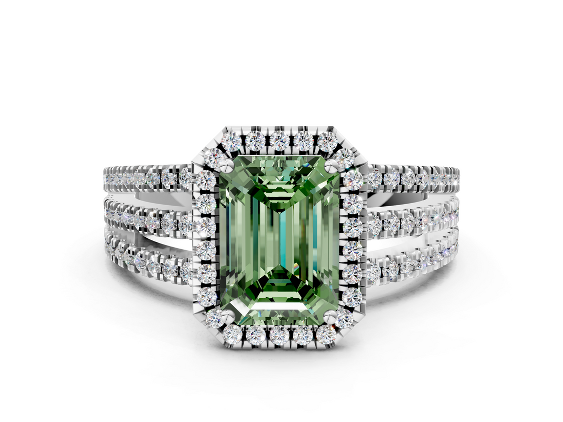 White gold Fancy Green Emerald  Cut Halo Diamond Engagement Ring with Split Shank and Four-Prong Setting_20