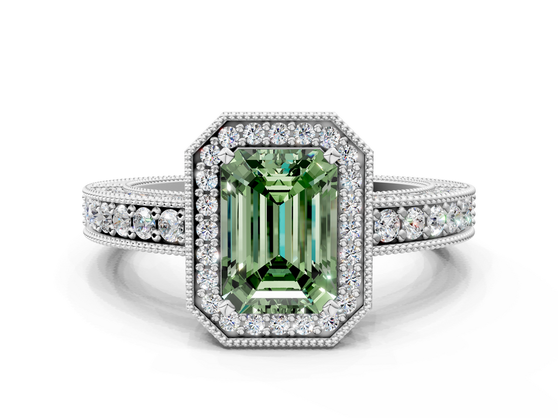 White gold Fancy Green Emerald  Cut Halo Diamond Pave Band Ring with Four-Prong Setting_45