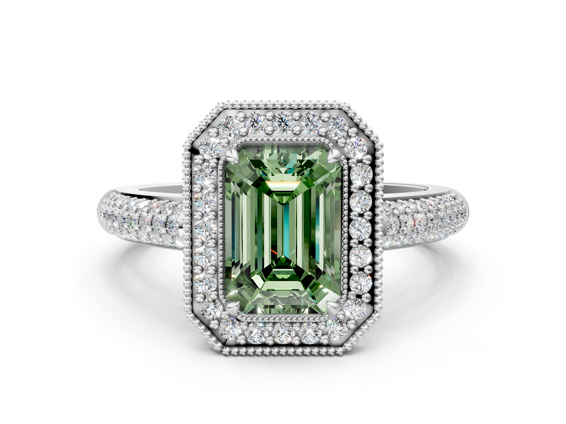 White gold Fancy Green Emerald  Cut Halo Diamond Pave Band with Four-Prong Setting_37