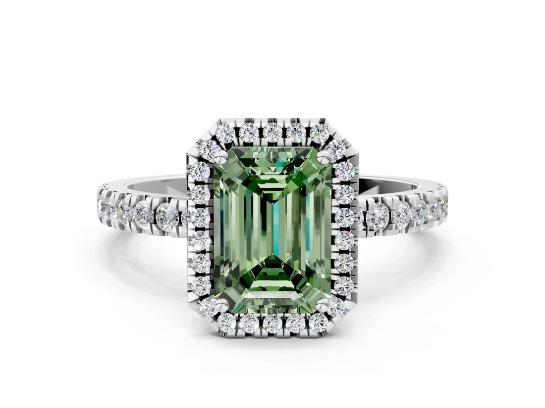 White gold Fancy Green Emerald Cut Halo Diamond Pave Band with Prong Setting